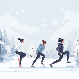 Vector illustration of three women training in sportswear in a snowy winter forest landscape