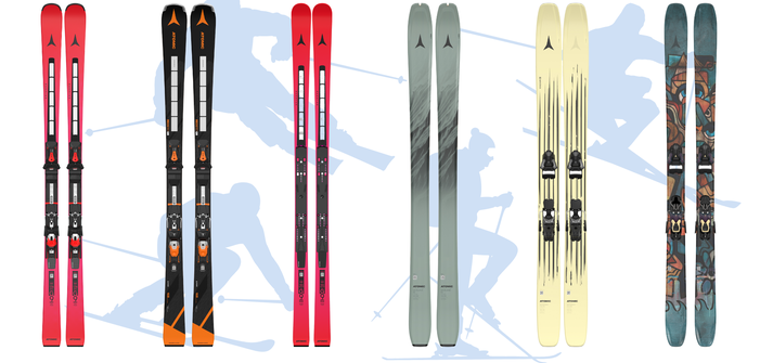 Six pairs of Atomic skis side by side, models for piste, all-mountain, touring and freestyle on white-blue background