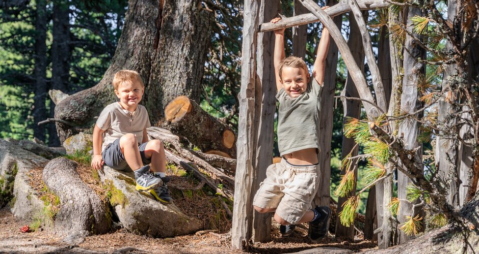 Two kids playing in Graukogel's pine forest, one swinging from branches, the other smiling on a tree root | © Skigastein, seven frames
