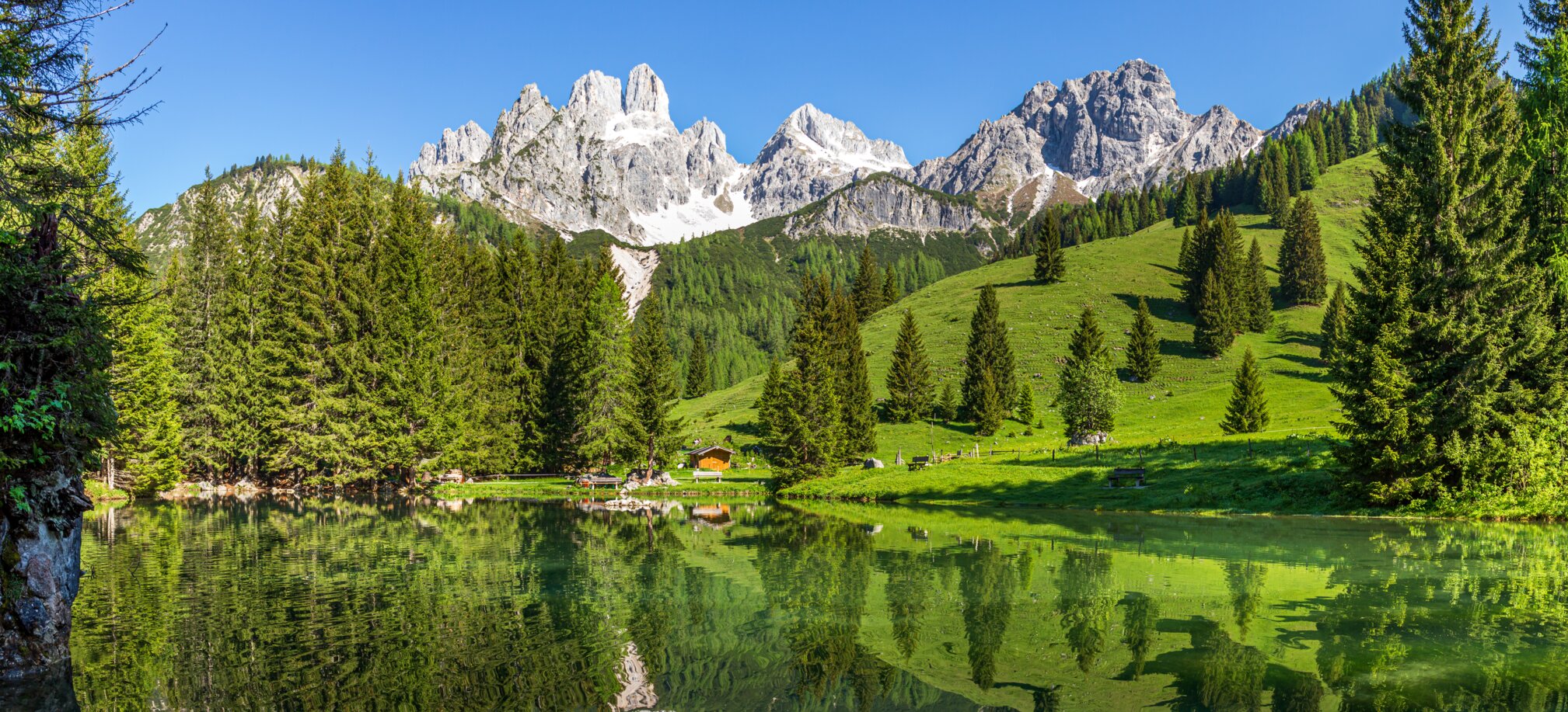 Crystal-clear Almsee reflecting the Bischofsmütze mountain, green meadow and forest in summer near Filzmoos, Austria | © CoenWeesjes