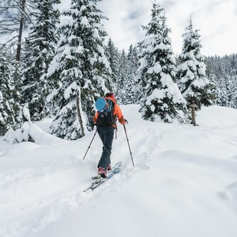 Ski tourer with backpack hikes through deep snowy conifer forest in untouched snow | © Gasteinertal Tourismus GmbH, Christoph Oberschneider